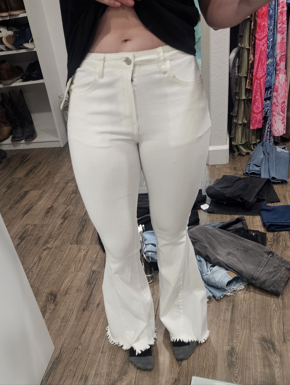 Altar'd State White Flare Jeans with Frayed Hem